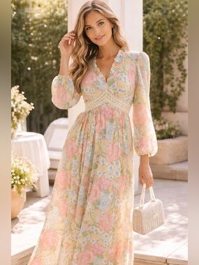 Vintage 70s ACT I Prairie Maxi Dress Floral Lace Empire Waist Cottagecore Boho